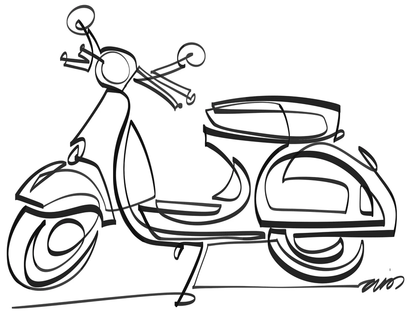 A side view of a classic motor scooter drawn in black lines.