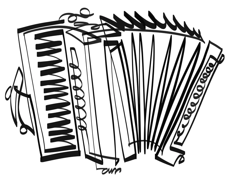 An accordion with keys, buttons and extended bellows drawn in black lines.