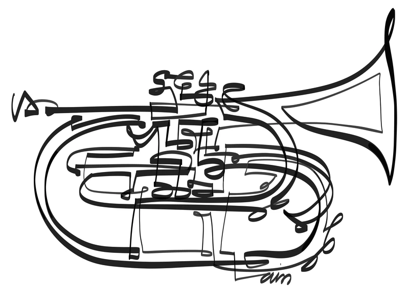 A coiled brass mellophone with its bell pointing right, drawn in black lines.