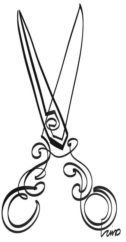 Open vintage scissors with ornate handles drawn in black lines.
