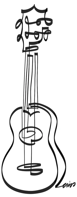 An upright four-string ukulele drawn in black lines.