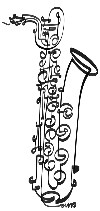 A tall baritone saxophone with keys and a curved bell drawn in black lines.