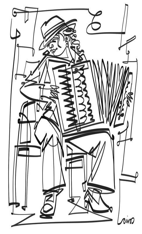 A musician playing an accordion in a continuous black line.