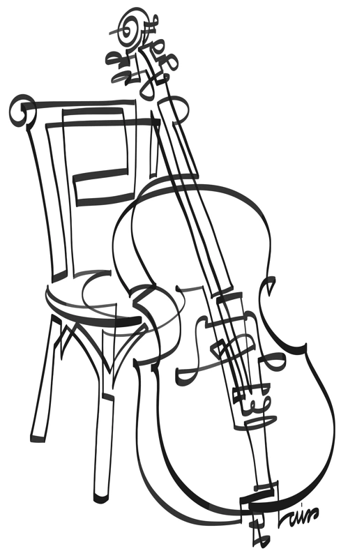 A cello beside a chair drawn in a continuous black line.