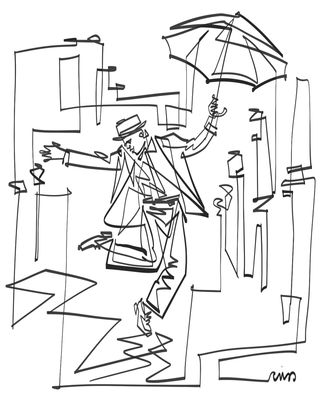 A dancing figure holding an umbrella in a continuous black line.