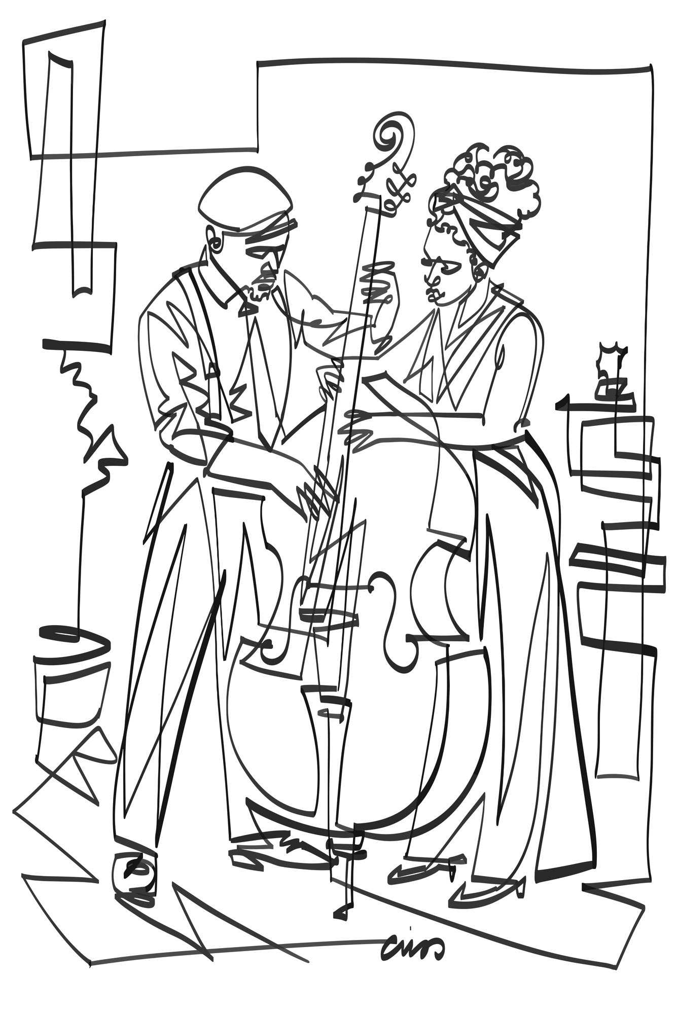 Two standing musicians playing cello and double bass in a continuous black line.