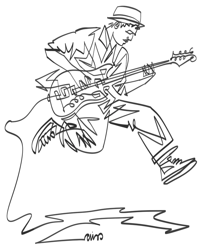 A leaping musician playing electric bass in a continuous black line.