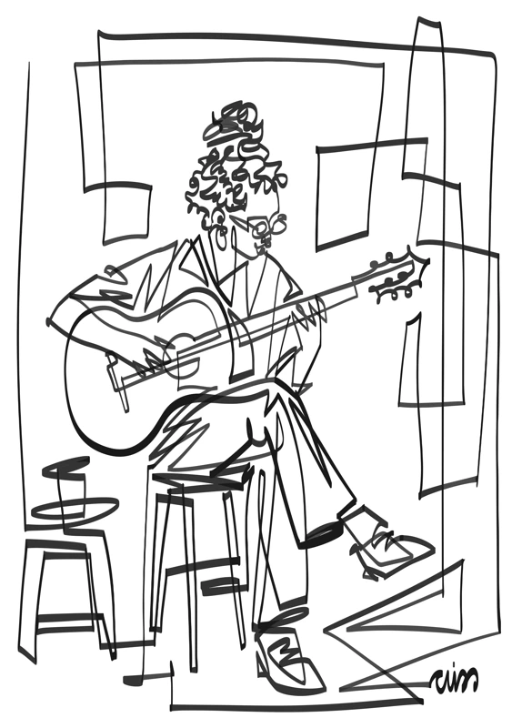 A seated guitarist playing alone in a continuous black line.