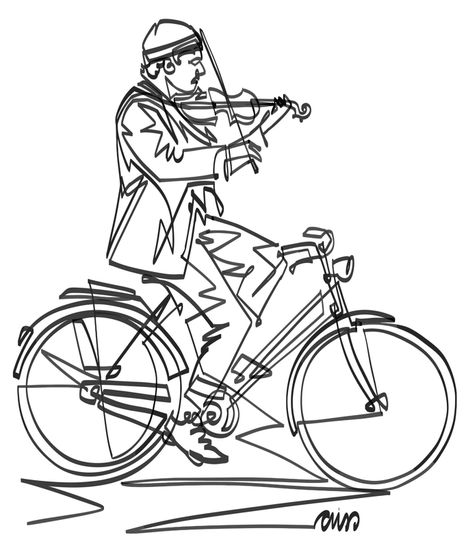 A musician playing violin while riding a bicycle in a continuous black line.