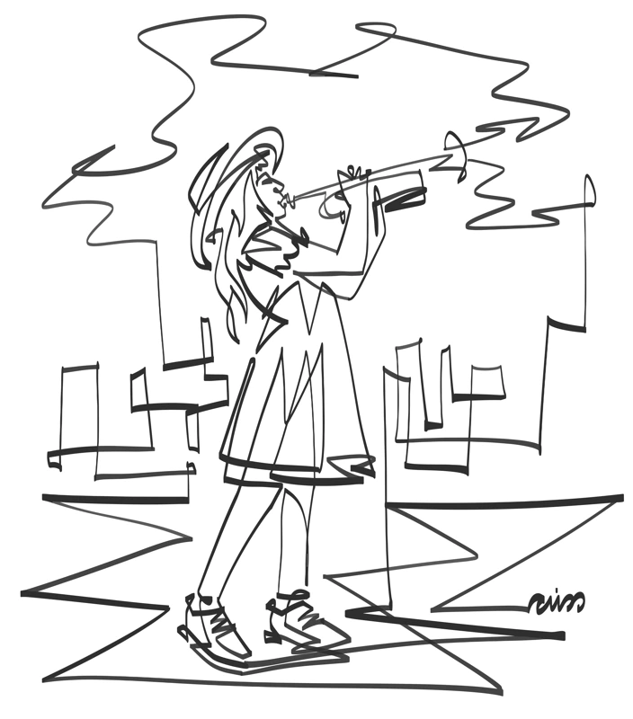 A standing trumpet player against angular buildings in a continuous black line.