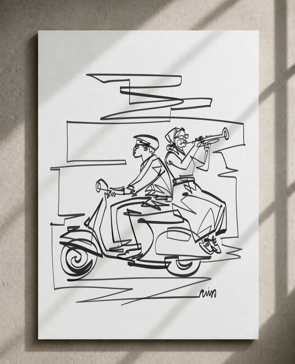Trumpeter on a Scooter | Single Line Art Print