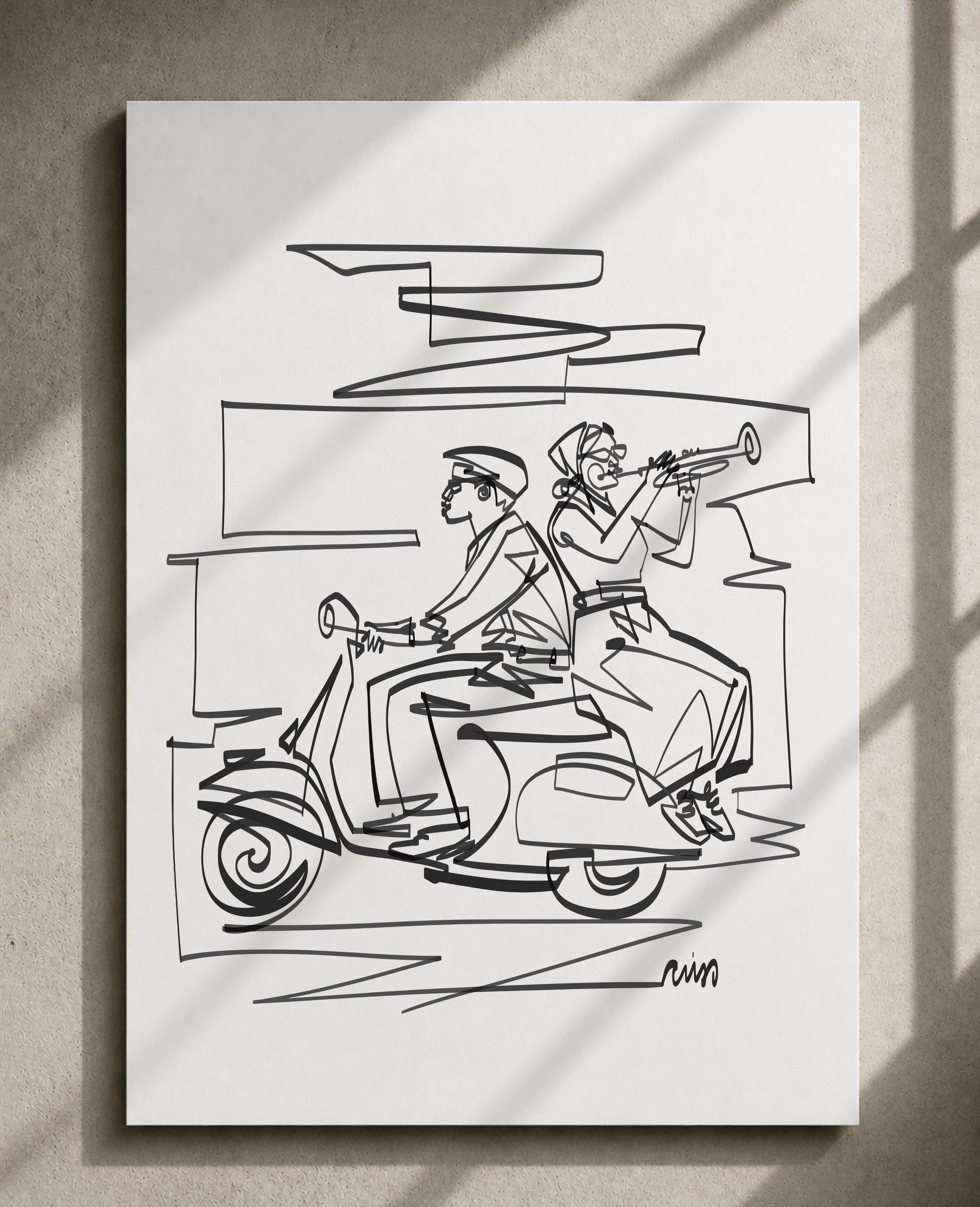 Trumpeter on a Scooter | Single Line Art Print