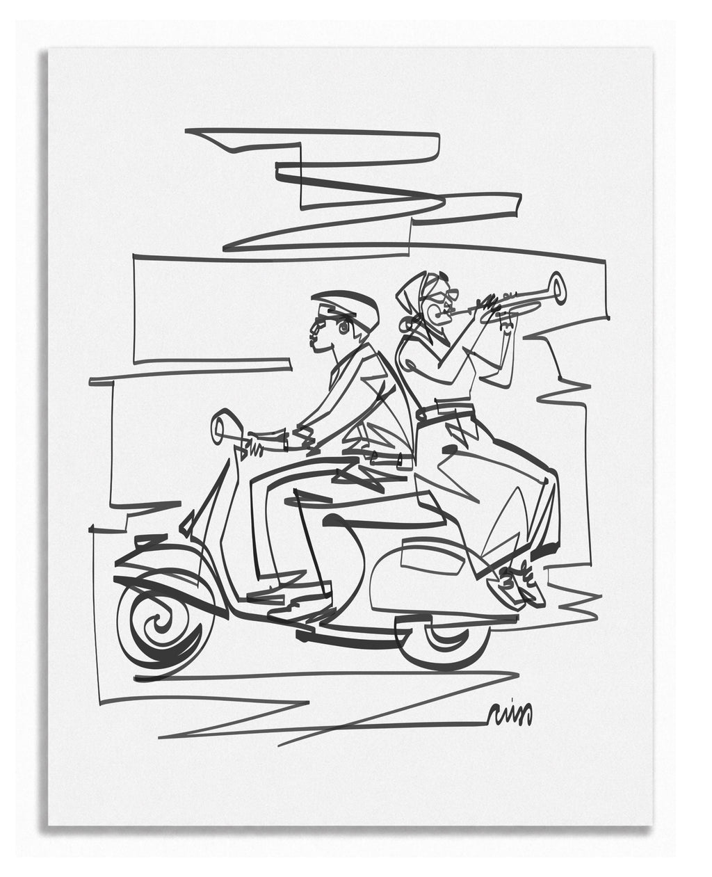 Trumpeter on a Scooter | Single Line Art Print
