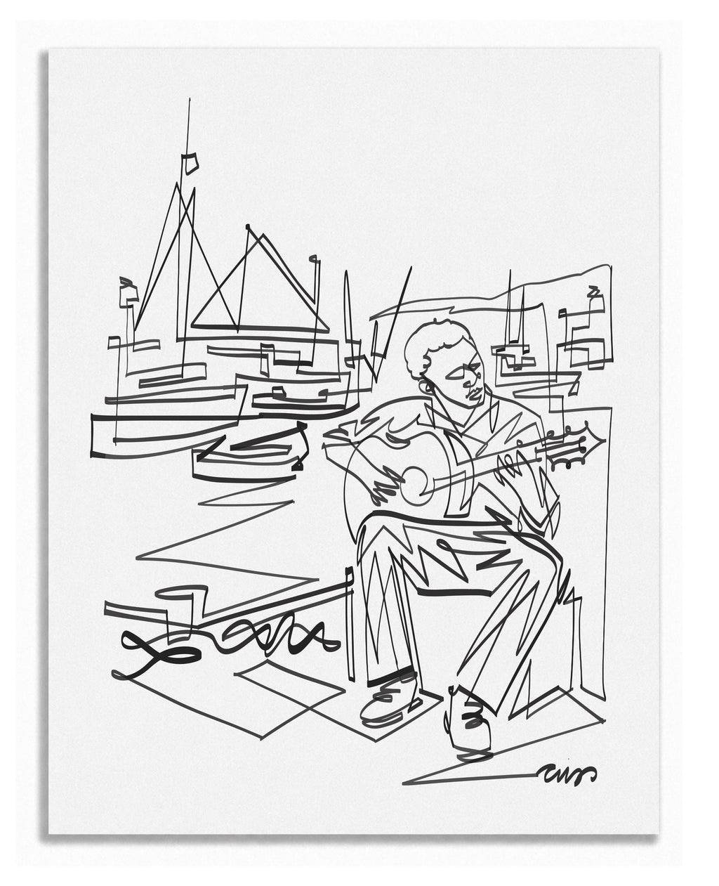 Harbor Guitarist | Single Line Art Print