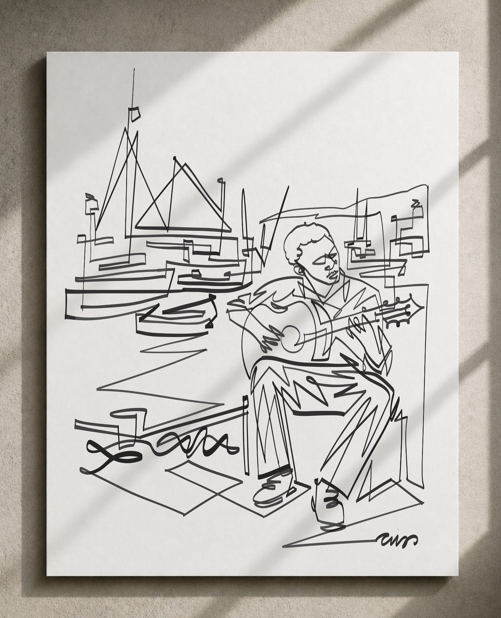 Harbor Guitarist | Single Line Art Print