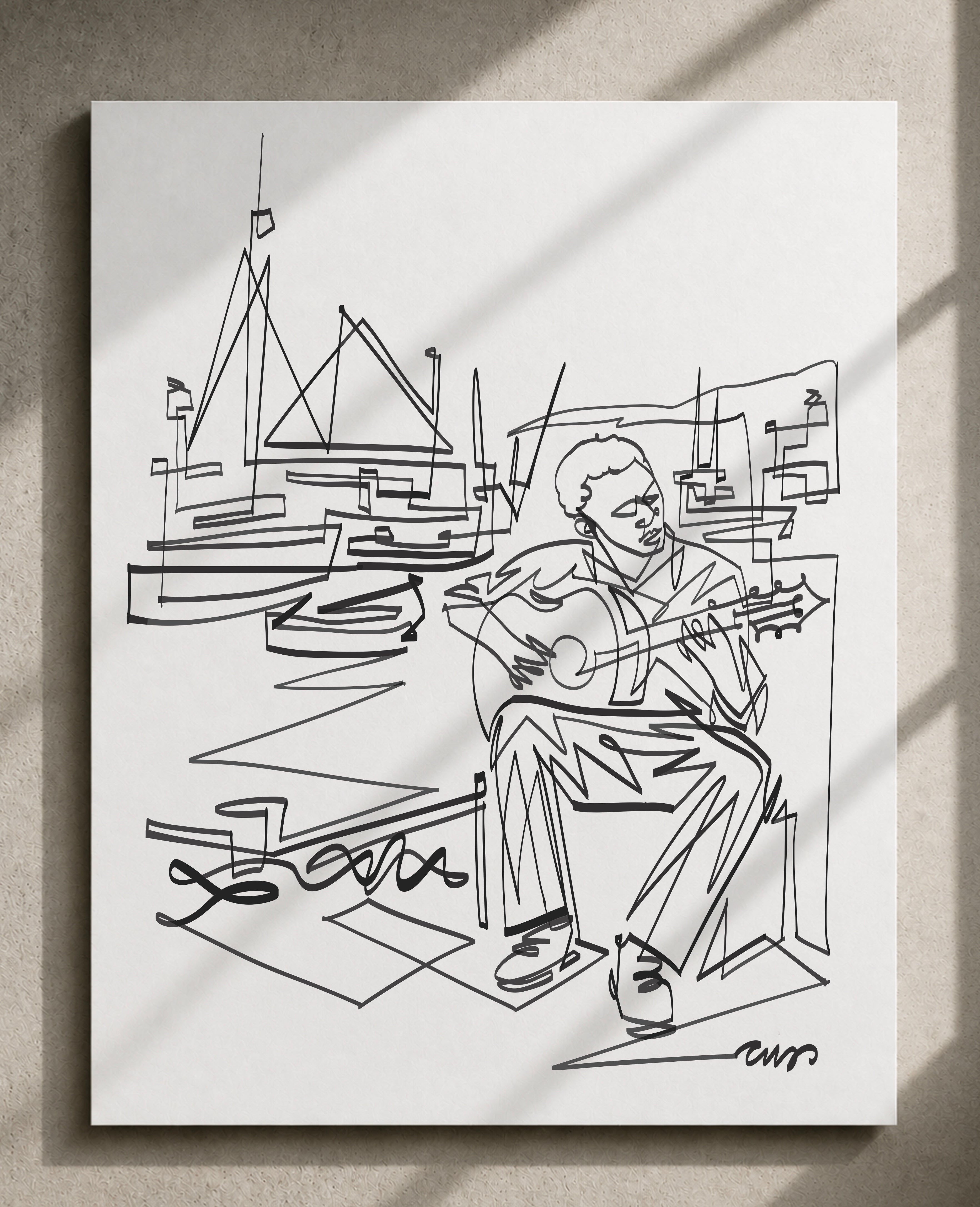 Harbor Guitarist | Single Line Art Print