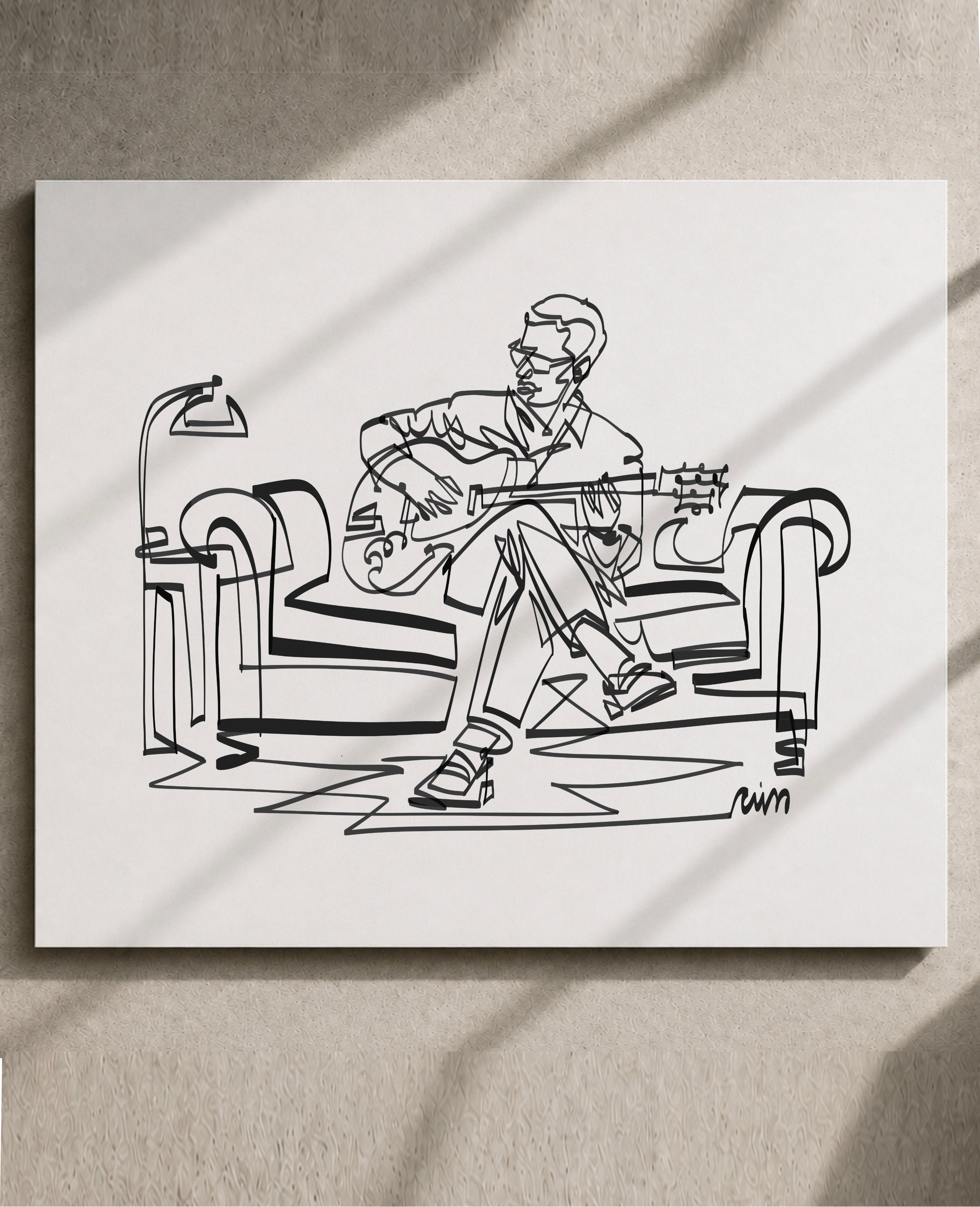 Living Room Guitarist | Single Line Art Print
