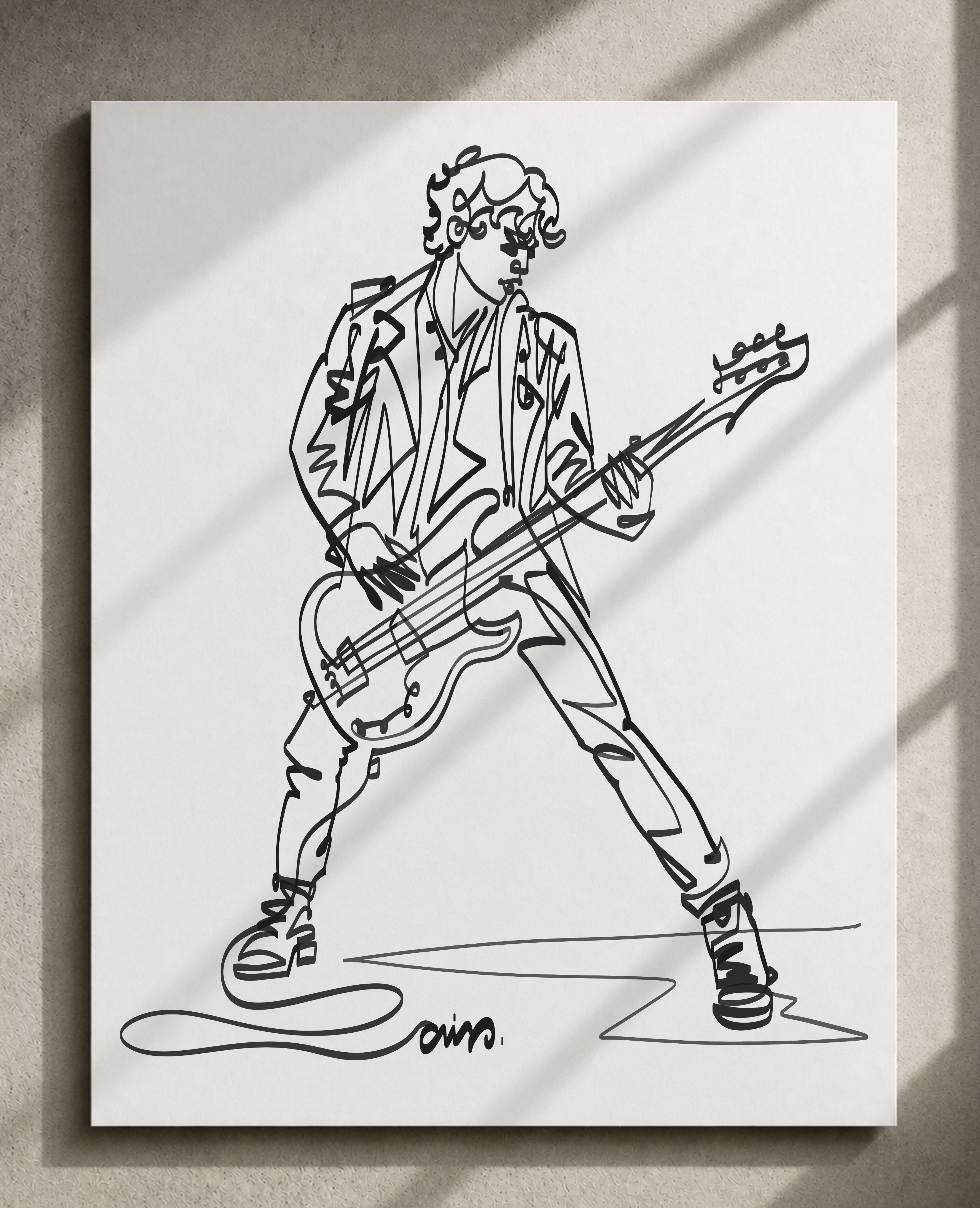 Standing Bass Guitarist | Single Line Drawing Print