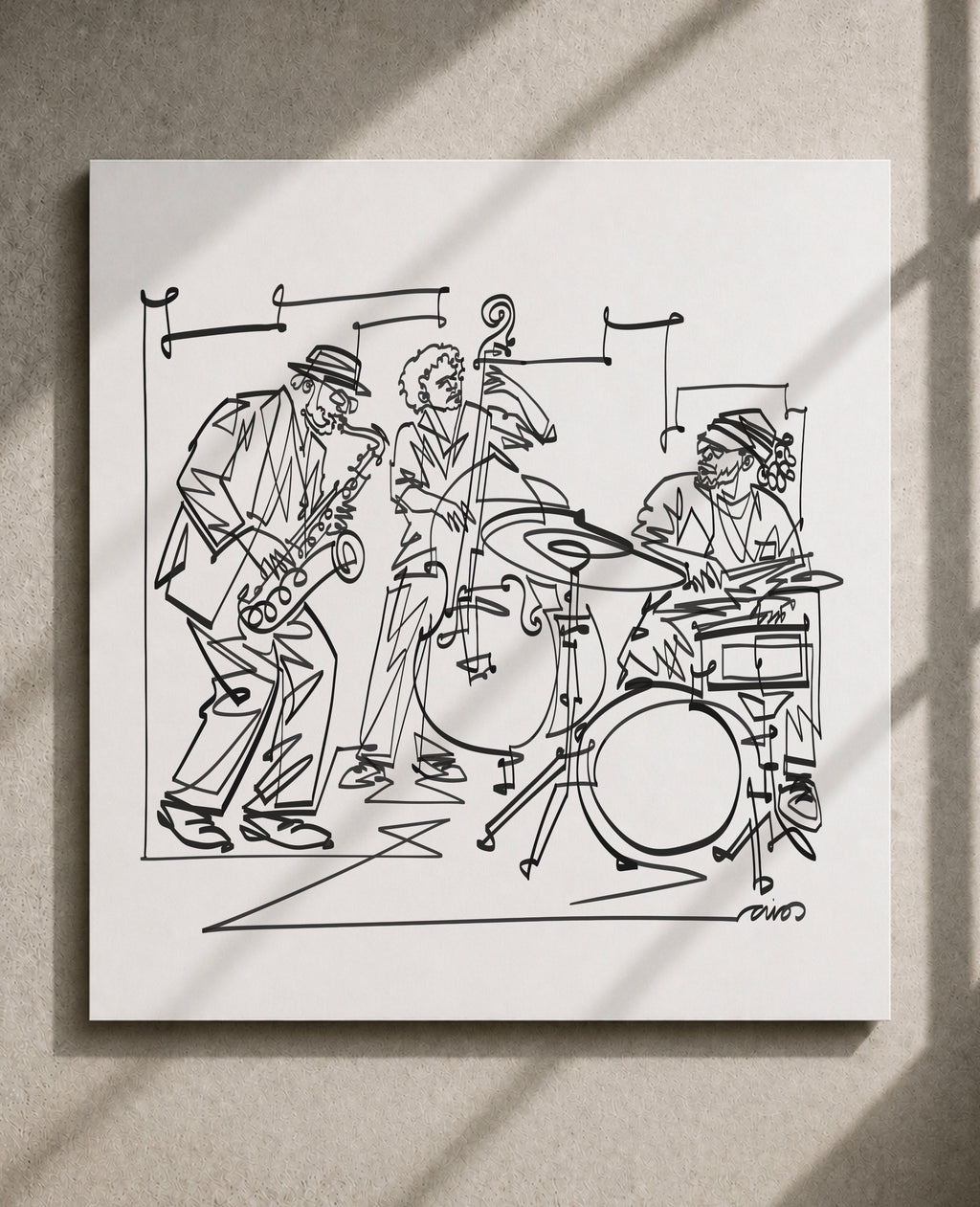 Jazz Trio Art Print, Saxophone Double Bass & Drums, Music Wall Art, Contemporary Line Drawing Poster