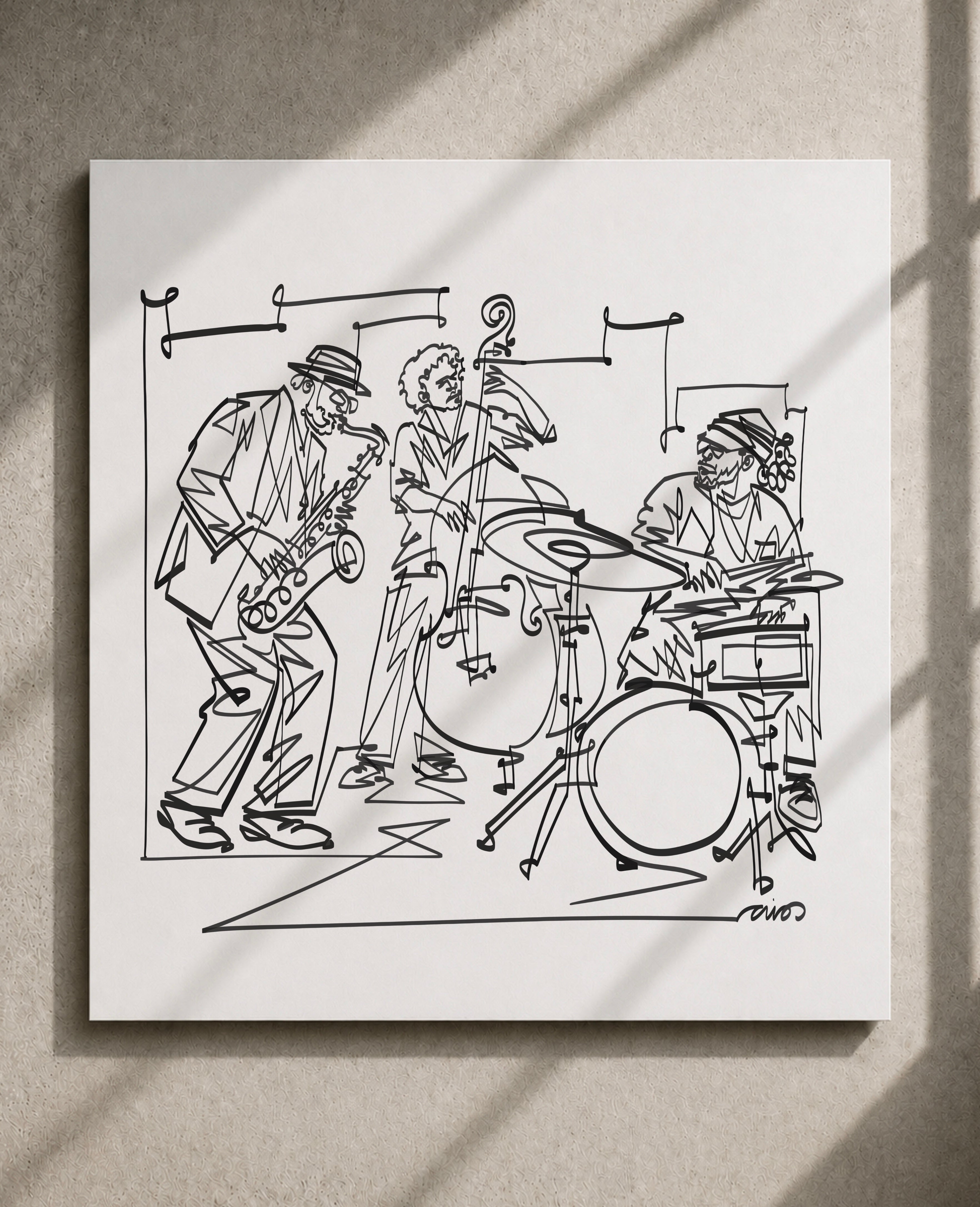 Jazz Trio Art Print, Saxophone Double Bass & Drums, Music Wall Art, Contemporary Line Drawing Poster