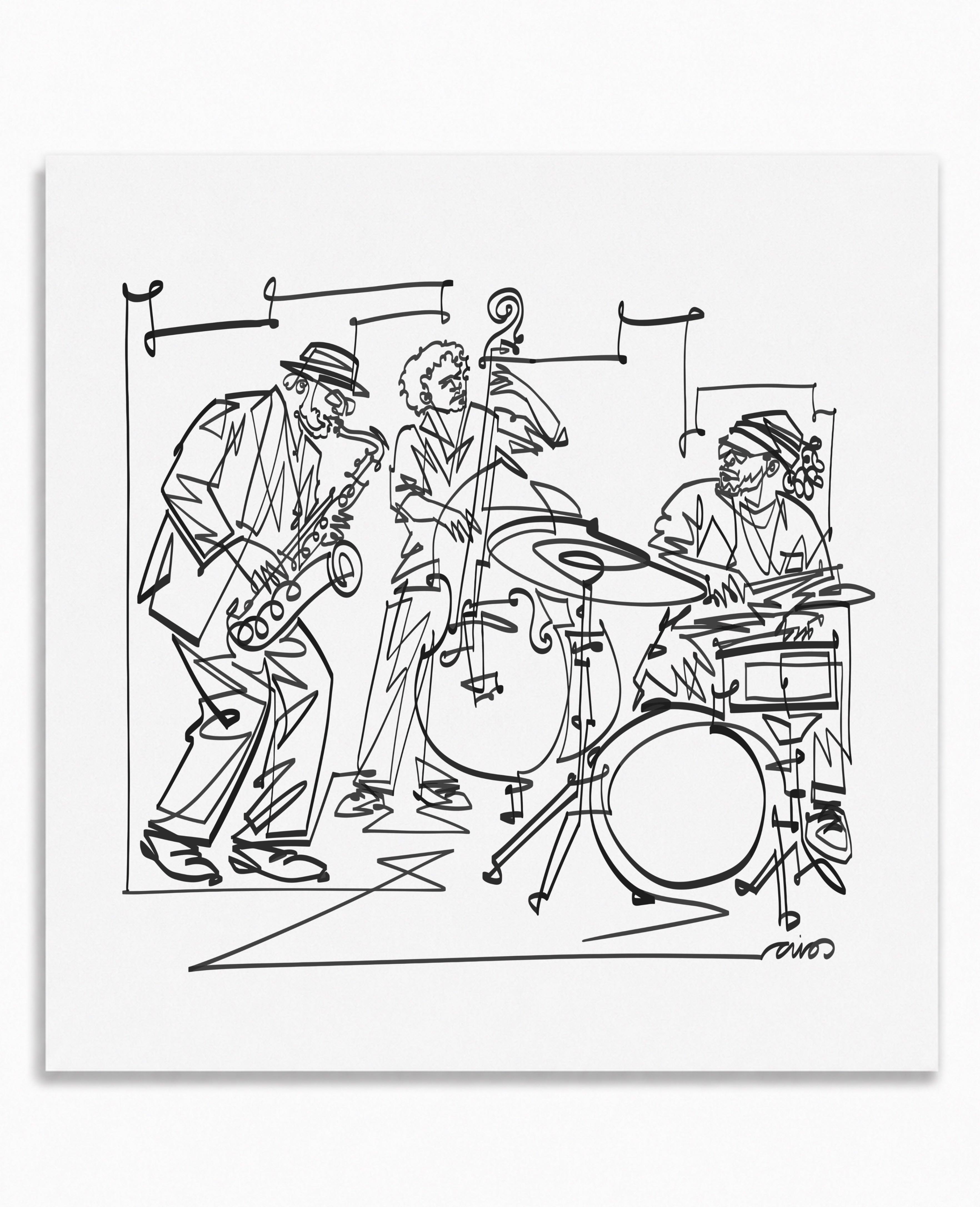 Jazz Trio Art Print, Saxophone Double Bass & Drums, Music Wall Art, Contemporary Line Drawing Poster